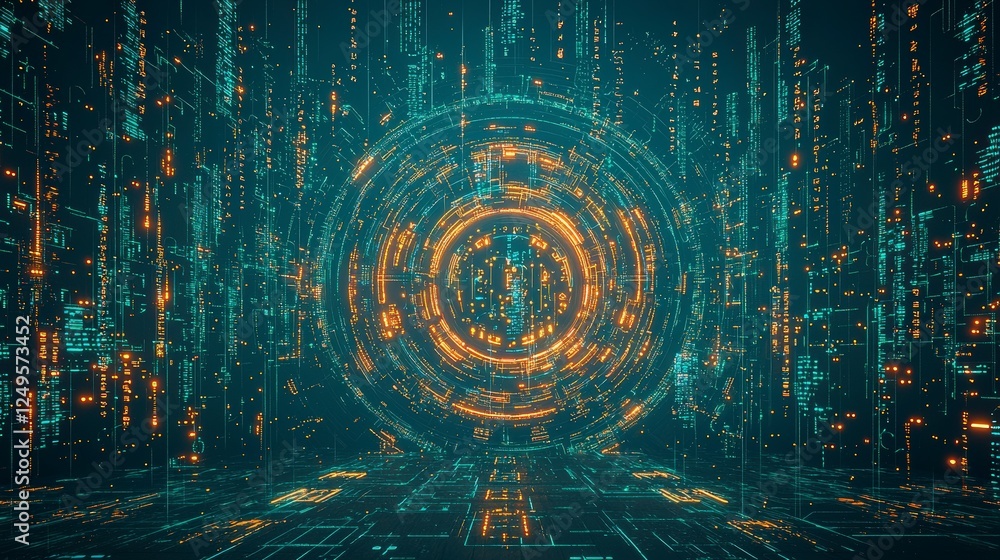 Aufkleber futuristic digital landscape with glowing orbs and lines in a matrix-like environment, conveying tec