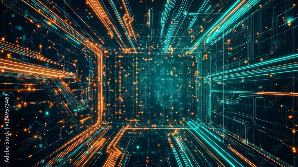 Poster futuristic digital tunnel with glowing lines and particles in blue and orange, creating a sense of d