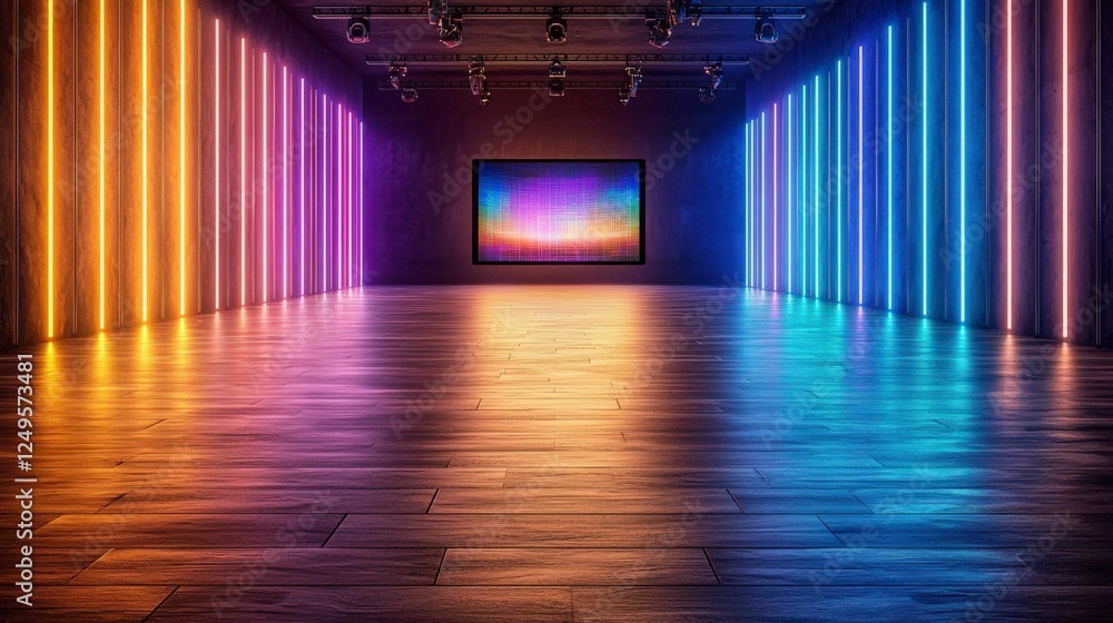 Poster a modern gallery space featuring vibrant neon lights and a colorful digital display on the wall, cre