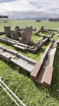 TIWANAKU, BOLIVIA - Pumapunku or Puma Punku, Gate of the Puma man-made terraced platform mound the ruins of the monumental complex