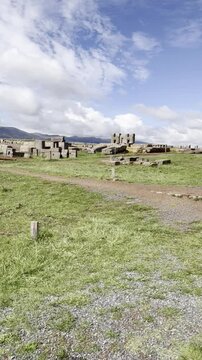 TIWANAKU, BOLIVIA - Pumapunku or Puma Punku, Gate of the Puma man-made terraced platform mound the ruins of the monumental complex