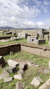 TIWANAKU, BOLIVIA - Pumapunku or Puma Punku, Gate of the Puma man-made terraced platform mound the ruins of the monumental complex