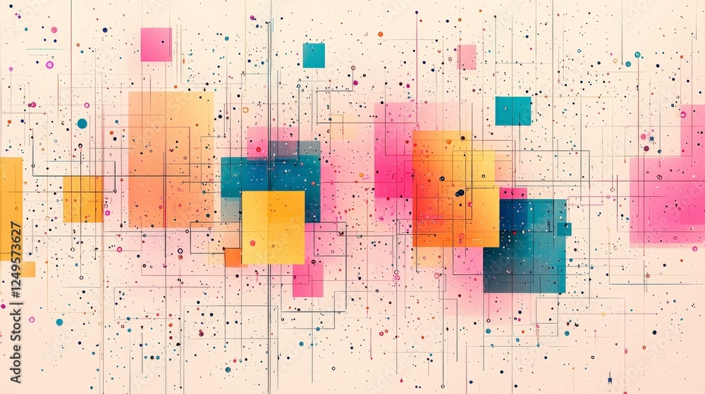 Aufkleber abstract composition featuring vibrant colors, geometric shapes, and splatter effects on a soft back