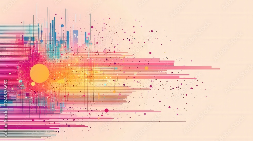 Poster abstract colorful design featuring vibrant lines and a central sun-like shape against a soft backgro
