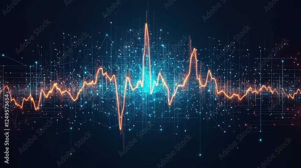 Poster digital sound wave visualization in vibrant colors, showcasing audio frequencies and patterns agains