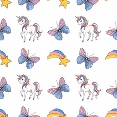 Unicorn with Rainbow Fallen Star and Pink and Blue Butterfly Seamless Pattern Small Design on White Background