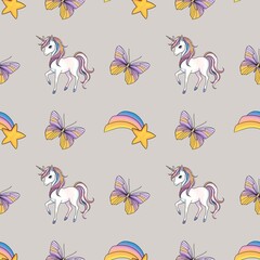 Unicorn with Rainbow Fallen Star and Lavender & Golden Butterfly Seamless Pattern Small Design on Pastel Gray Background