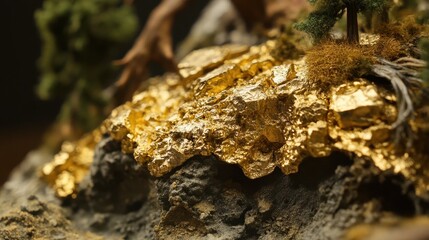Shiny golden ore glistens atop a rocky terrain surface