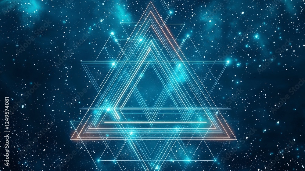 Poster abstract digital artwork featuring a glowing triangle shape, surrounded by a starry background with 