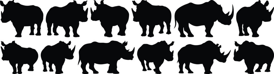 Rhino silhouettes set, rhinoceros pack of vector silhouette design, isolated background
