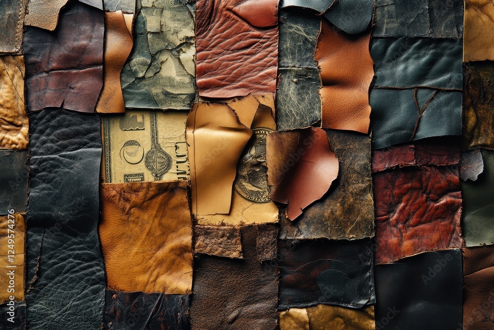 Poster patchwork collage of leather scraps with hints of currency