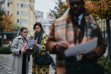 Young colleagues work together discussing plans while looking at documents in a tree-lined city area during autumn. Urban setting and collaborative activity embody a modern and professional approach.