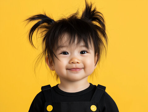 studio portrait of Asian baby wearing emo costume isolated on yellow background
