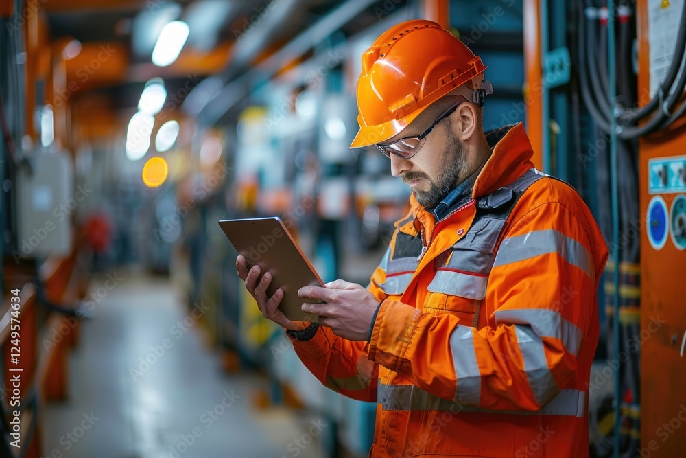 Poster industrial worker in safety gear using a tablet for work-related tasks in a factory setting.