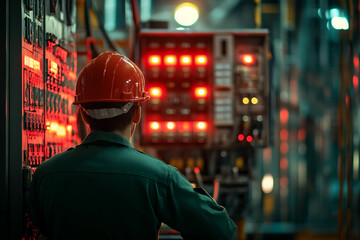 Obraz premium A man in a hard hat works on an electrical panel genertative ai