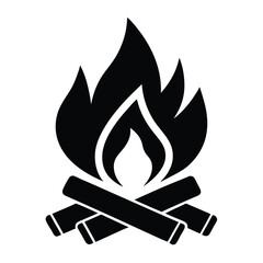 A campfire icon with flames and logs black silhouette vector.