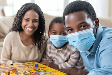 Fototapeta premium Family enjoying game night at home, wearing protective masks, bonding and smiling together in a cozy living room setting during pandemic time