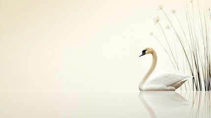   A white swan perched atop water beside tall grass and reeds