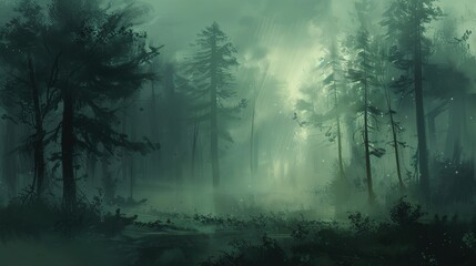 Obraz premium Misty morning in a quiet forest, the trees shrouded in fog, with beams of light breaking through the mist and illuminating the landscape. 