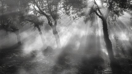 Obraz premium Misty morning in a quiet forest, the trees shrouded in fog, with beams of light breaking through the mist and illuminating the landscape. 