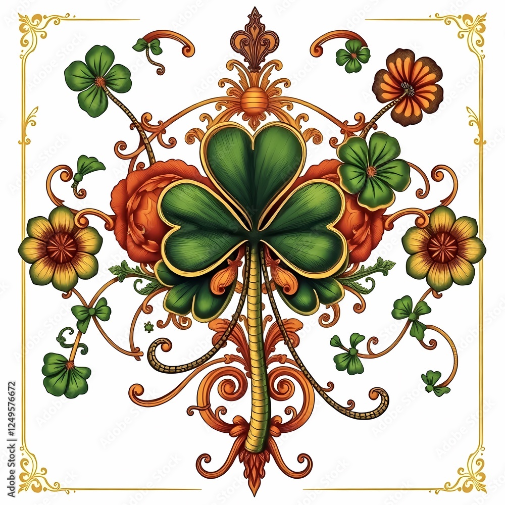 Poster vibrant floral and shamrock design featuring intricate patterns and colors. generative ai