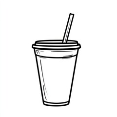 Simple Stylized Outline of a Disposable Paper Cup with Straw, Suitable for Food and Beverage Stock