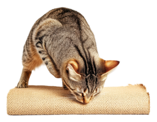 Cat playing on a scratching post with focus