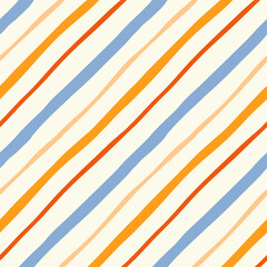 Colorful diagonal wavy stripes vector seamless pattern. Modern minimal repeat design with hand drawn wobbly stripes on cream background. Retro geometric tile for kids apparel, home textile, media