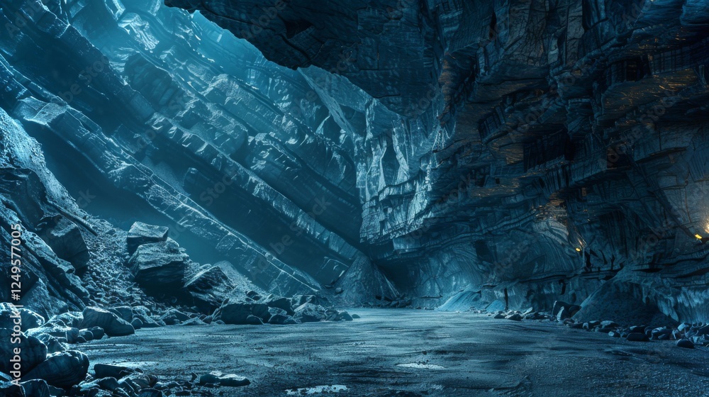 Aufkleber An underground cavern features towering rock formations illuminated by soft light. Shadows dance across the surface, enhancing the mysterious atmosphere. The terrain is rocky and uneven.