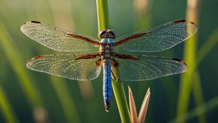 Solitary colorful dragoClose-up of a dragonfly sitting on a reednfly sitting on a green reed