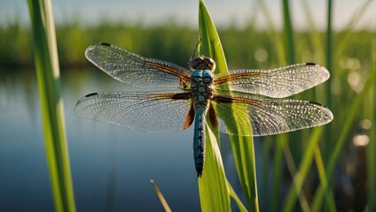 Solitary colorful dragoClose-up of a dragonfly sitting on a reednfly sitting on a green reed