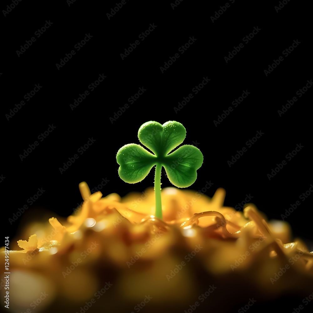 Poster green clover sprouting from a pile of shredded cheese in dark background setting. generative ai