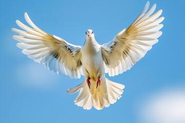 A white dove in flight, wings spread wide against a clear blue sky, symbolizing peace and freedom.