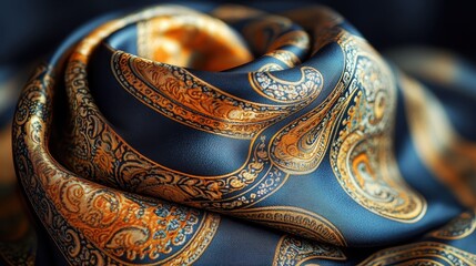 Luxurious paisley silk scarf, textile close-up