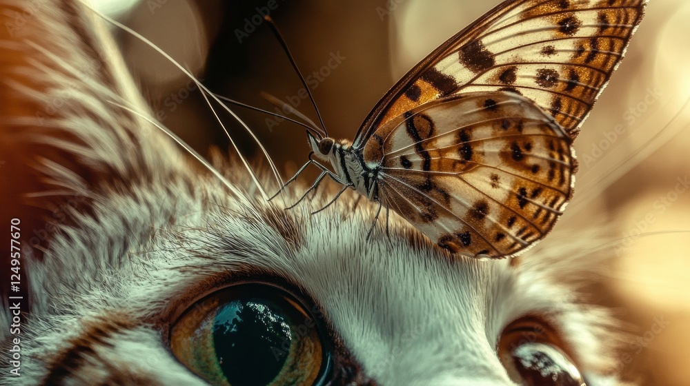 Poster butterfly gently resting on the forehead of a curious cat in a serene natural setting during dayligh