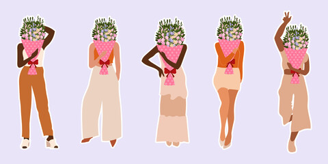 Set sticker with women holding a bouquet of flowers in front of their face. The bouquet is wrapped in pink polka dot paper with a red bow decorated with many pastel colored flowers.