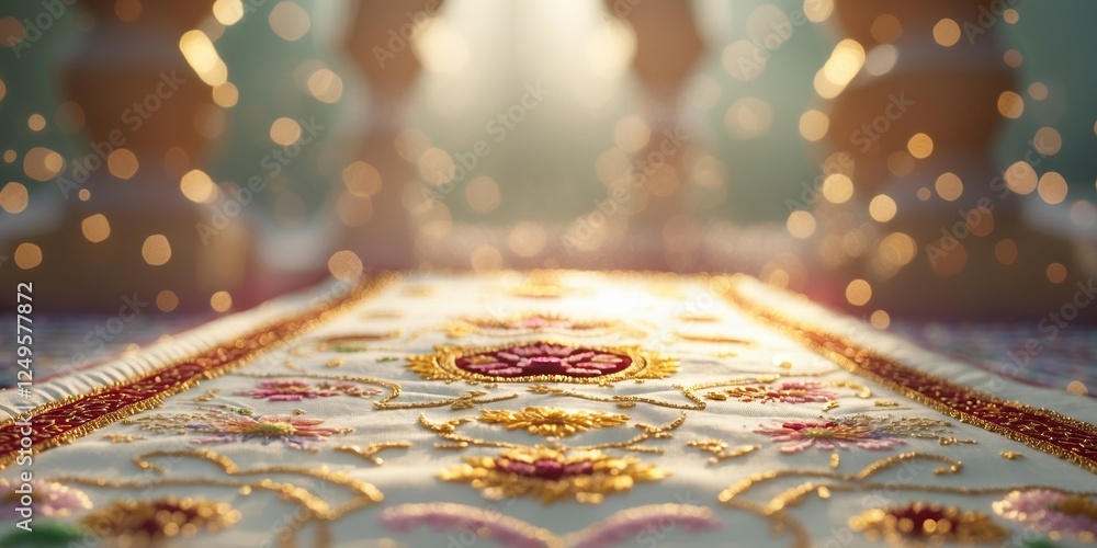 Poster beautifully embroidered textile with intricate patterns illuminated by soft light in a serene settin