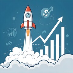 Fototapeta premium Cartoon Rocket and Business Growth Chart – Startup Launch and Financial Success Concept