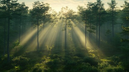 Fototapeta premium Sunbeams pierce misty pine forest at dawn; nature background