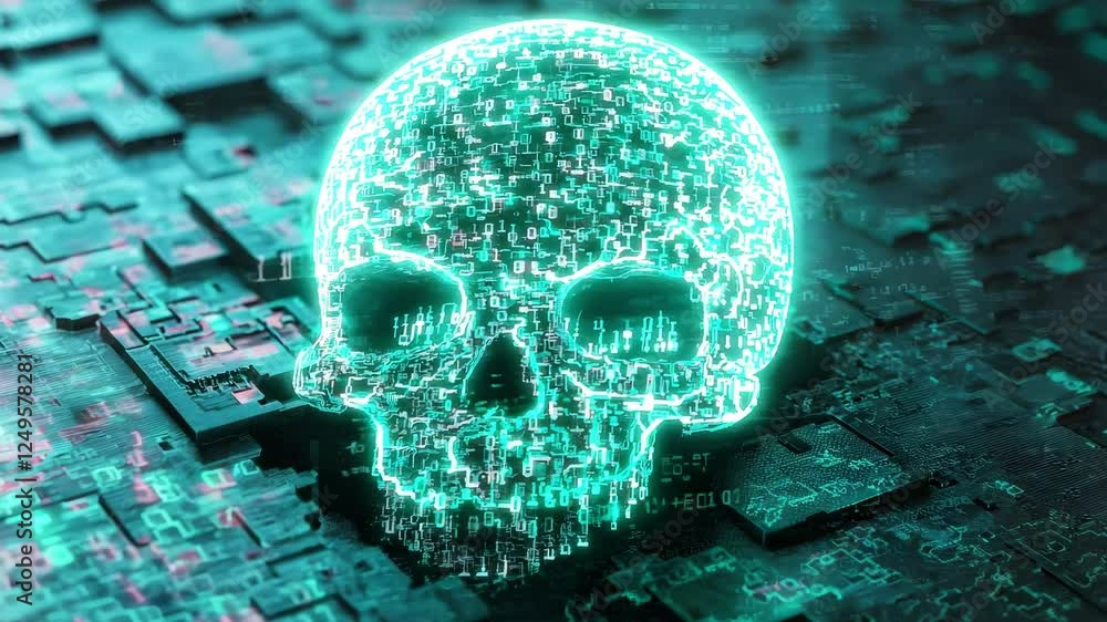 Poster a digital skull composed of binary code emerges from a circuit board in dark green hues