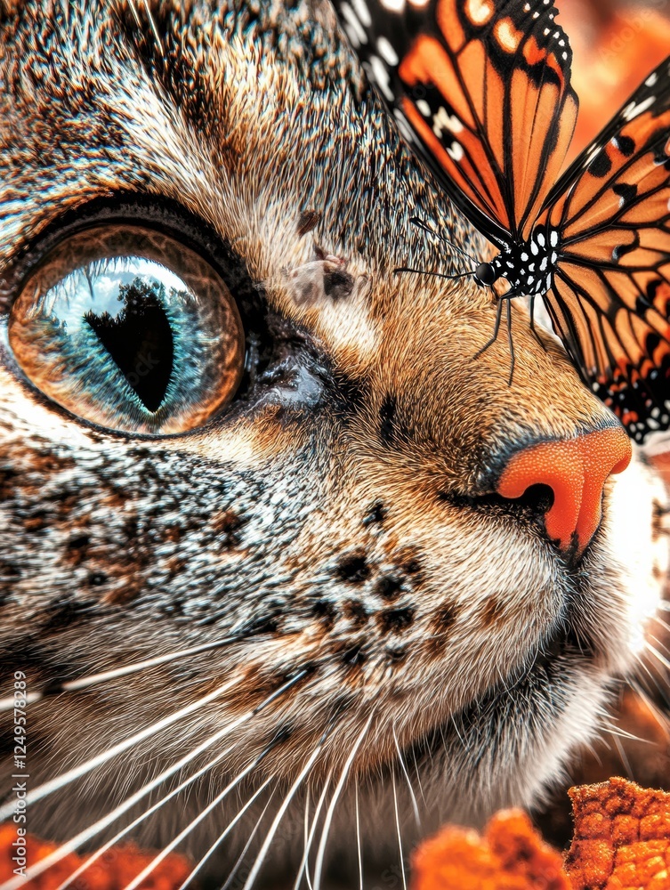 Poster close encounter between a cat and a butterfly in a colorful natural setting during daylight. generat