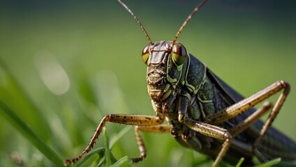 Fototapeta premium Close-up of a grasshopper sitting on grass