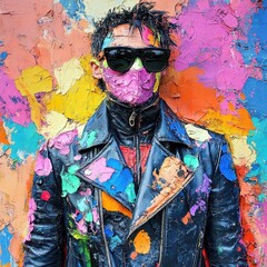 Fototapeta premium Man in leather jacket covered in colorful abstract paint splatters