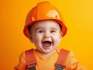studio portrait of baby wearing construction worker costume isolated on yellow background
