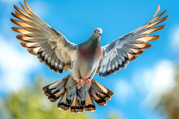 Obraz premium A majestic pigeon in flight, wings spread wide against a vibrant blue sky.