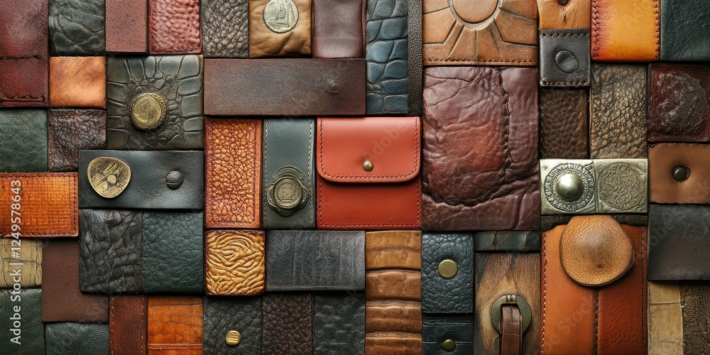 Poster assortment of leather pieces with varying textures and styles