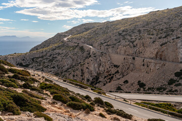 Winding mountain road on the Formentor peninsula in Mallorca, Spain