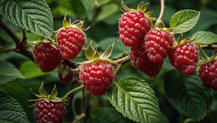 Close-up of a raspberry bush with berries