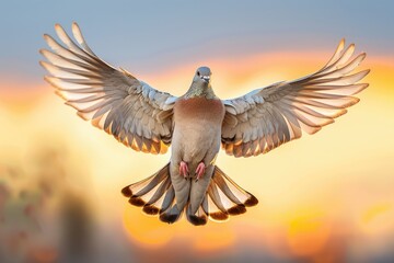 Obraz premium A Eurasian collared dove in flight against a vibrant sunset backdrop, wings spread wide.