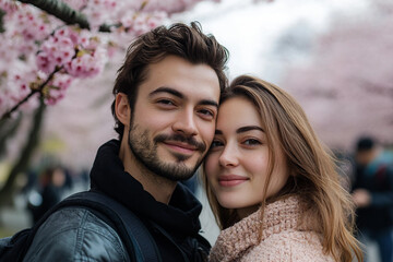 Fototapeta premium Generative AI depiction of a young couple enjoying Japan's spring park with cherry blossoms in full bloom
